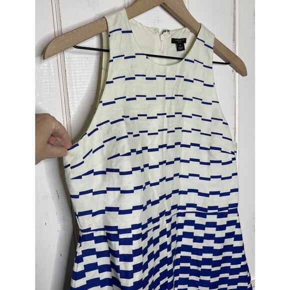 Ann Taylor Petite Linen Blend Coastal Nautical Blue White Fit Flare Dress 4P - Picture 3 of 12